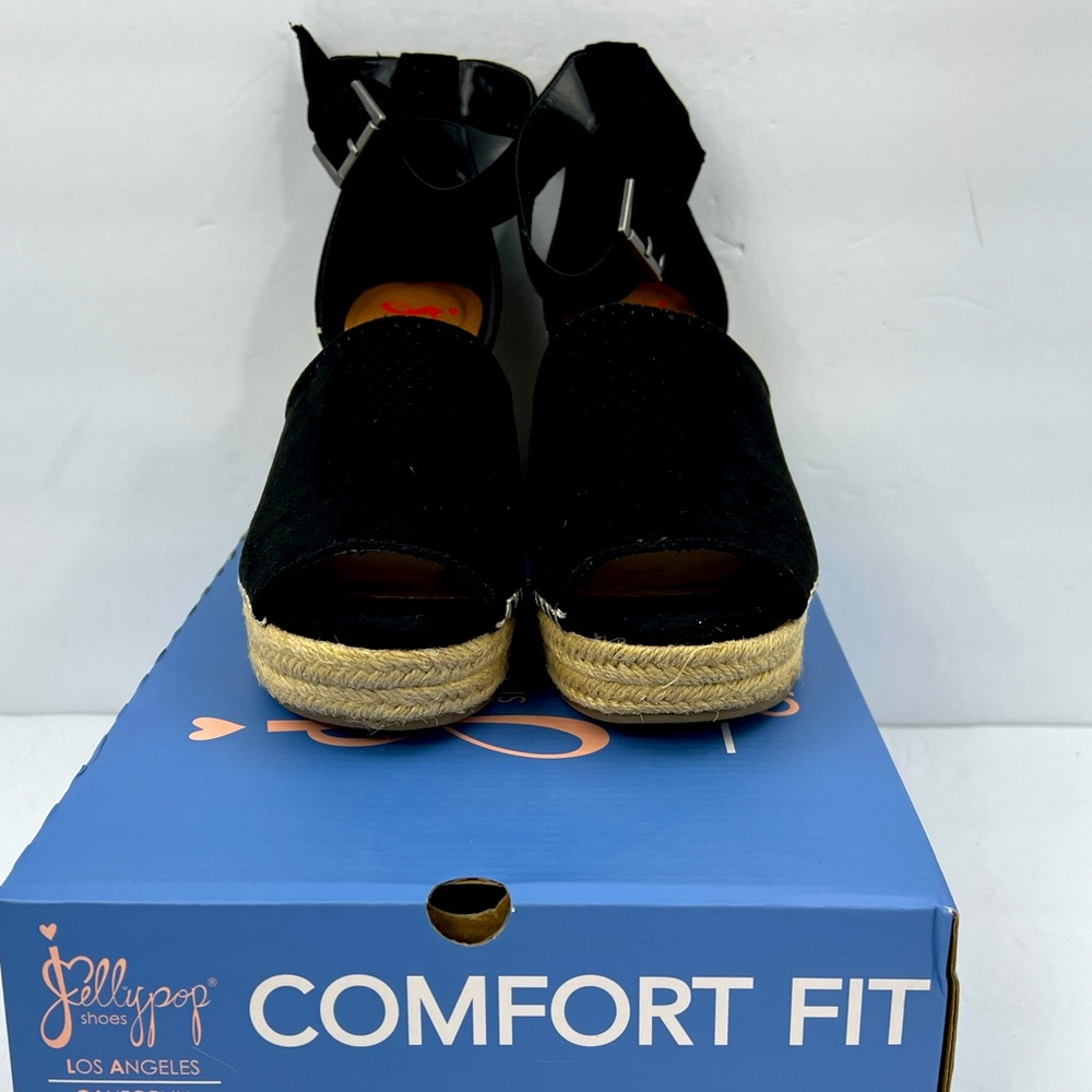 JELLYPOP, RAVISHING BLACK ESPADRILLE, PEEP TOE, WEDGES ADJUSTABLE ANKLE LOOP,10M - Picture 2 of 16